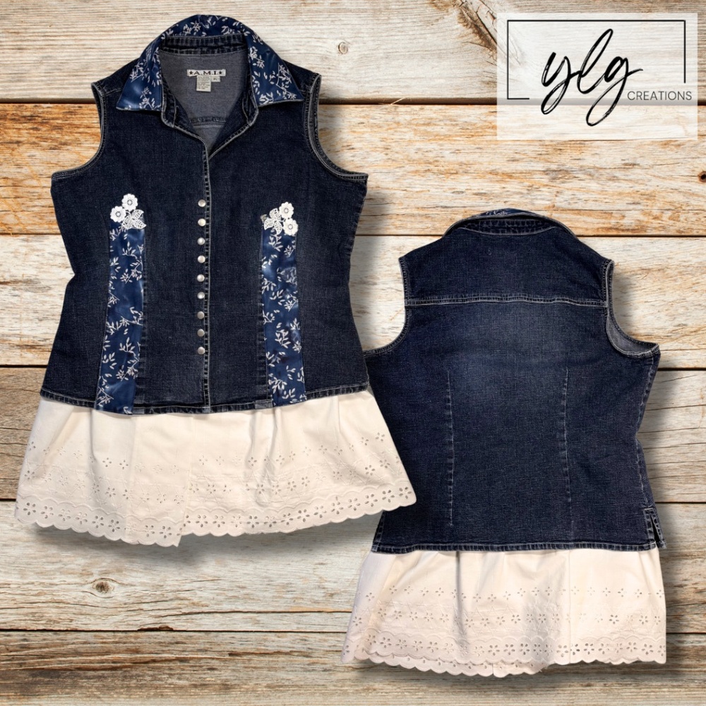 Romantic Boho Denim Vest Girlie Farmhouse Eyelet Peplum Flower Applique Vintage